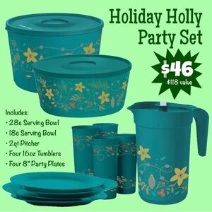 Tupperware Green Party bowl pitcher tumbler plate set